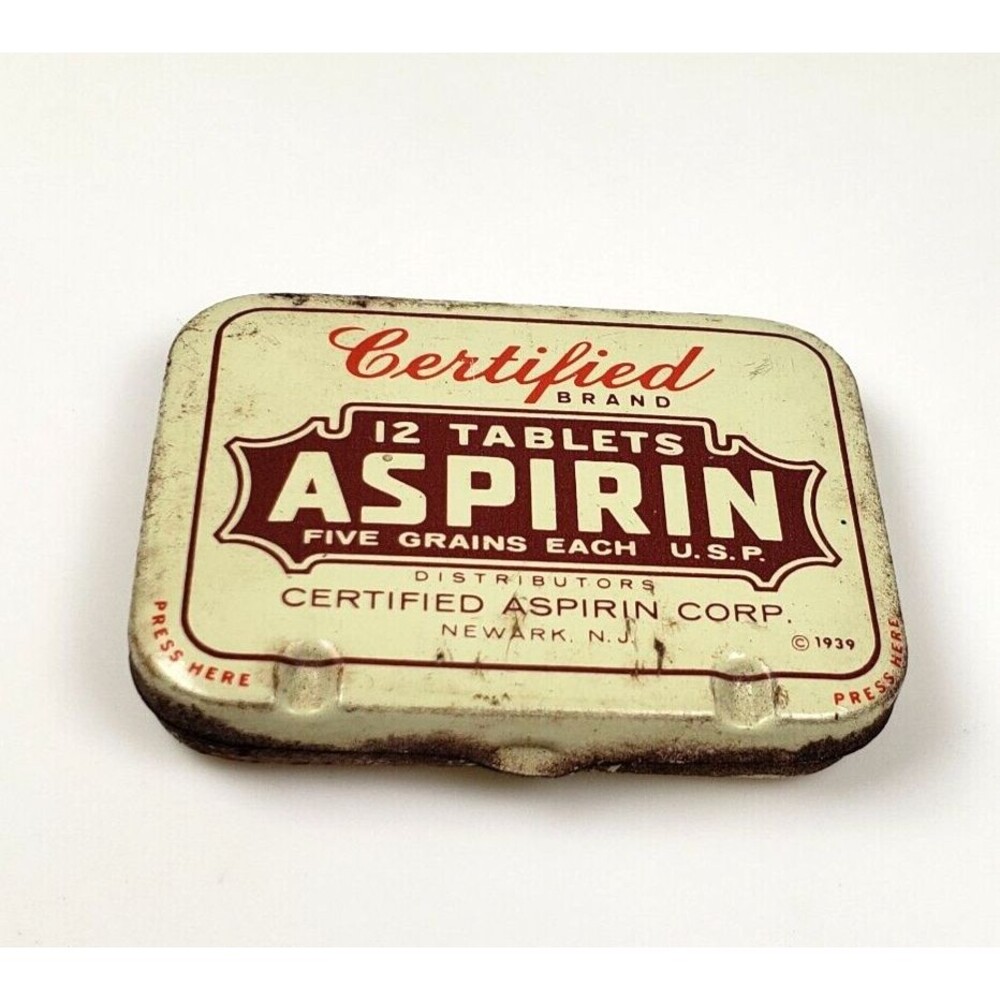 Vintage 1939 Certified Aspirin Medicine Tin Box Only Empty Newark NJ